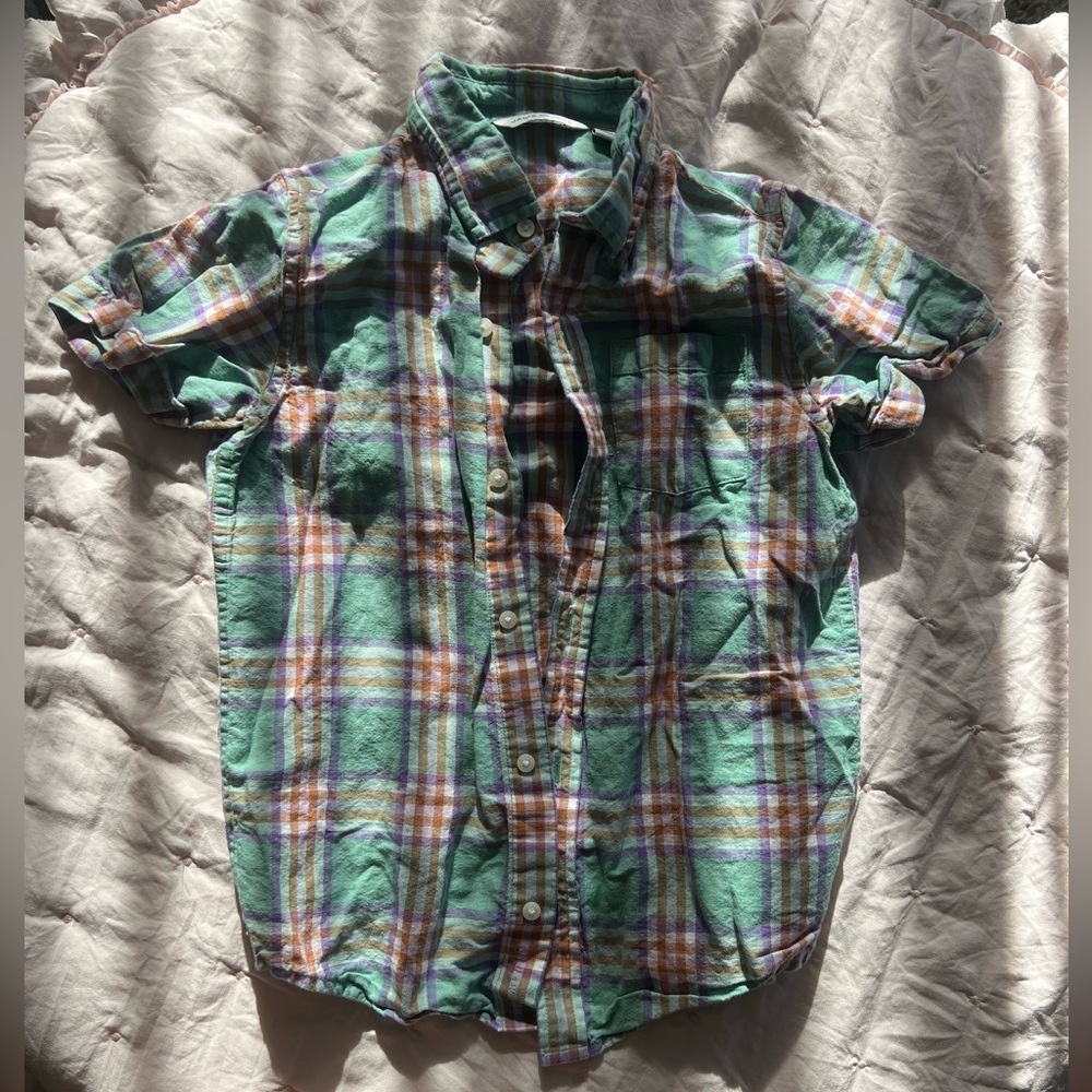 Janie and Jack Boys Linen short sleeve button up Shirt plaid green size 8
